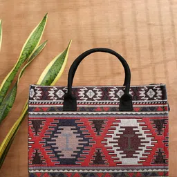 Anouk Red & Brown Self Design Structured Handheld Bag image 1
