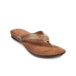 Metro Women Gold-Toned & Tan Brown Embellished Open Toe Flats-6