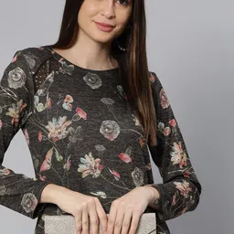 Global Desi Women Charcoal Grey Floral Printed Midi A-Line Dress-image-73