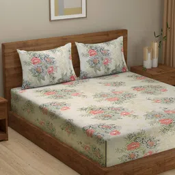 Swayam Zinnia Pink & Beige Floral Design 250TC Cotton Satin Double Bedsheet Set-picture-5