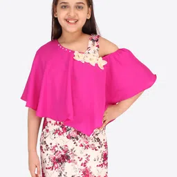 CUTECUMBER Girls Fuchsia and Beige Floral Georgette Sheath Dress-image-9