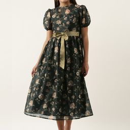 Ethnovog Green  Beige Floral Printed A-Line Midi Dress-image-50