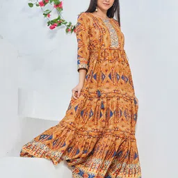 Biba Ethnic Motifs Printed Fit & Flare Tiered Cotton Ethnic Dress-picture-33