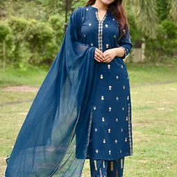 Libas Women Teal Blue & Golden Printed Kurta with Palazzos & Dupatta-image-56