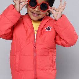 HERE&NOW Girls Coral Pink Solid Padded Jacket with Applique Detail-image-72