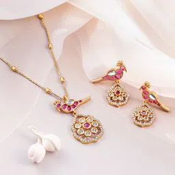 22 K Gold-Plated Ruby & Kundan with Zicronia Studded Peacock Design Necklace Set-image-34