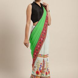 Mitera Green & Off-White Pure Georgette Kutchi Embroidered Saree-image-107