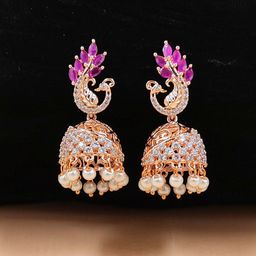 JYONA Rose Gold-Plated American Diamond & Cubic Zirconia Studded Dome Shaped Jhumkas-image-80