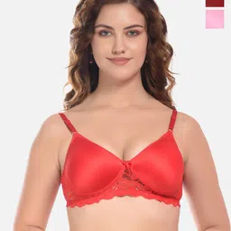 FIMS Pink & Red Pack of 3 Cotton Solid Lightly Padded Rapid-Dry Bra-picture-14