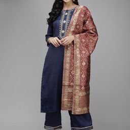 Indo Era Women Navy Blue Yoke Embroidered Kurta with Palazzos &  Dupatta-image-56