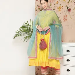 Inddus Women Gotta Patti Chanderi Cotton Kurta With Trousers & Dupatta-picture-12