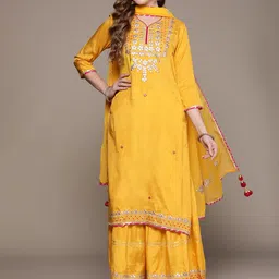 Ishin Women Yellow Ethnic Motifs Embroidered Gotta Patti Kurta with Sharara & Dupatta-picture-56