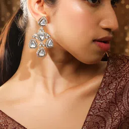 Rubans 22K Gold-Plated White & Clear Stone & Cubic Zirconia Studded Chandelier Earrings-image-75