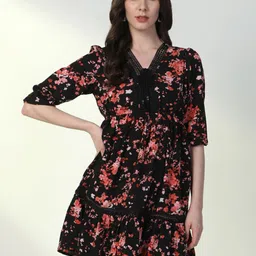 SHOWOFF Women Floral Printed Puff Sleeve Crepe A-Line Mini Dress-image-14
