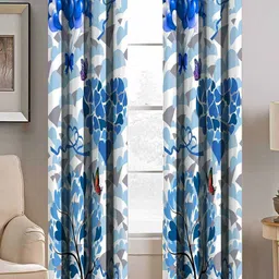 BELLA TRUE White & Blue Set of 2 Floral Room Darkening Long Door Curtain-image-103