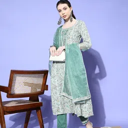 Sangria Women Paisley Yoke Design Regular Thread Work Kurta with Trousers & Dupatta-20