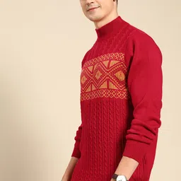 Anouk Men Red & Yellow Cable Knit Turtle Neck Pullover-image-18