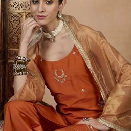 House of Pataudi Embroidered Straight Kurta & Palazzos With Dupatta-picture-41