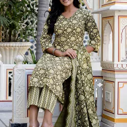 SANISA Floral Printed V-Neck Straight Kurta With Trousers & Dupatta-image-91