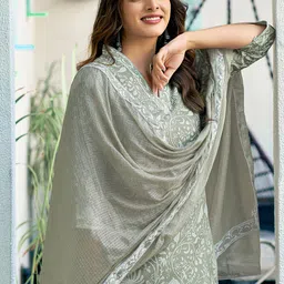 SANISA Floral Printed V-Neck Straight Kurta With Trousers & Dupatta-image-84