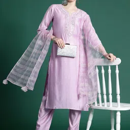 Indo Era Yoke Design Mirror Work Liva Kurta With Trousers & Dupatta-53