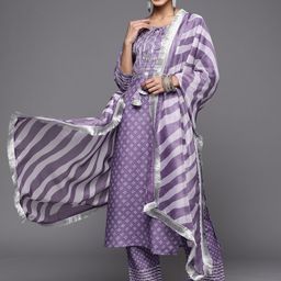 Varanga Women Purple Bandhani Yoke Design Sequinned Kurta with Trousers & With Dupatta-picture-11