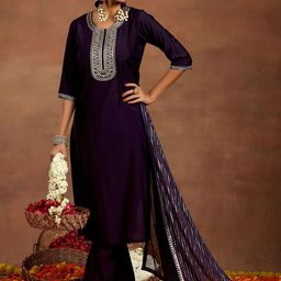 Gerua By Libas Floral Yoke Design Regular Zari Kurta with Trousers & Dupatta-4