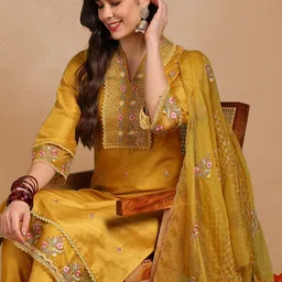 KALINI Floral Embroidered Thread Work Kurta with Trousers & Dupatta-picture-14