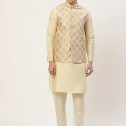 Jompers Men Cream-Coloured Solid Kurta with Churidar Woven Design Nehru Jacket-5