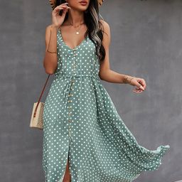 Outzidr Women Green Polka Dots V-Neck Midi Dress-image-78