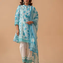 House of Pataudi Floral Printed Linen Kurta & Trousers With Dupatta-picture-20