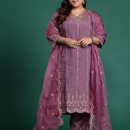 Indo Era Plus Size Ethnic Motifs Embroidered Sequinned Kurta with Trousers & With Dupatta-picture-12