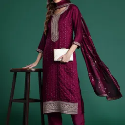 Indo Era Ethnic Motifs Embroidered Sequinned Kurta with Trousers & With Dupatta-image-7