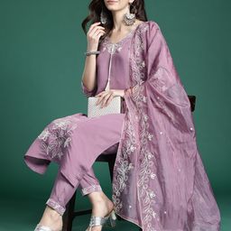 Indo Era Floral Embroidered Thread Work Kurta with Trousers & With Dupatta-image-69