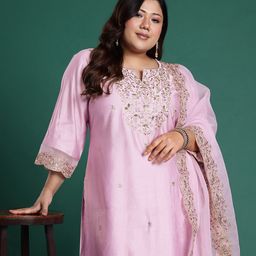 Indo Era Plus Size Ethnic Motifs Embroidered Sequinned Liva Kurta Set-46