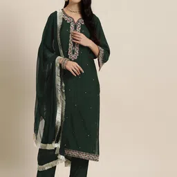 HERE&NOW Women Ethnic Motifs Embroidered Regular Kurta with Trousers & Dupatta-18