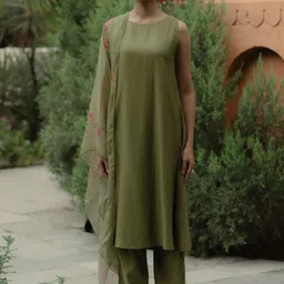 anayna Round Neck Regular Silk A-Line Kurta with Trousers & Dupatta image 5