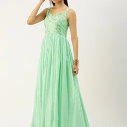 Ethnovog Green Padded Embroidered Made To Measure Ethnic Dress with Cape-image-56