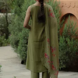 anayna Round Neck Regular Silk A-Line Kurta with Trousers & Dupatta image 4