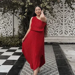 STREET 9 Women Red Solid Crushed Pleat One Shoulder A-Line Dress-image-5