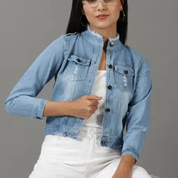 SHOWOFF Washed Distressed Mock Collar Shoulder Tabs Frayed Denim Jacket-image-62