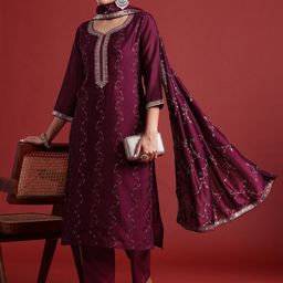 Indo Era Floral Embroidered Sequinned Kurta With Trousers & Dupatta-image-103