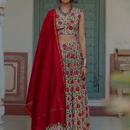 BAARO MASI Floral Block Print Ready to Wear Lehenga & Blouse With Dupatta-48