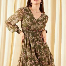 Marie Claire Floral Printed V-Neck Puff Sleeves A-Line Mini Dress-image-89