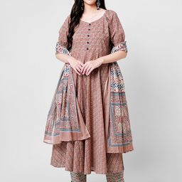 KALINI Ethic Motifs Printed Pure Cotton Anarkali Kurta With Trousers & Dupatta-image-10