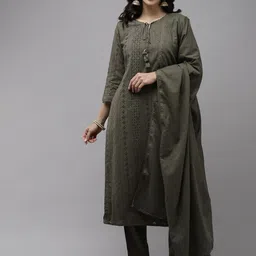 Ishin Self-Design Pure Cotton Kurta with Trousers & Dupatta-image-55