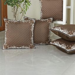 Homerz Brown 5 Pieces Geometric Embroidered Velvet Square Cushion Covers-image-85