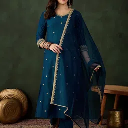 Sangria Teal Floral Embroidered Regular Straight Kurta With Palazzo With Dupatta-15