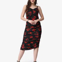 Popwings Women Black & Red Floral Sheath Midi Dress-picture-16