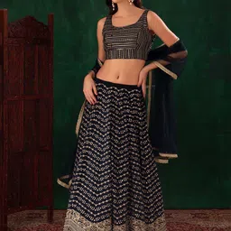 FABPIXEL Embroidered Sequinned Semi-Stitched Lehenga & Unstitched Blouse With Dupatta-image-42